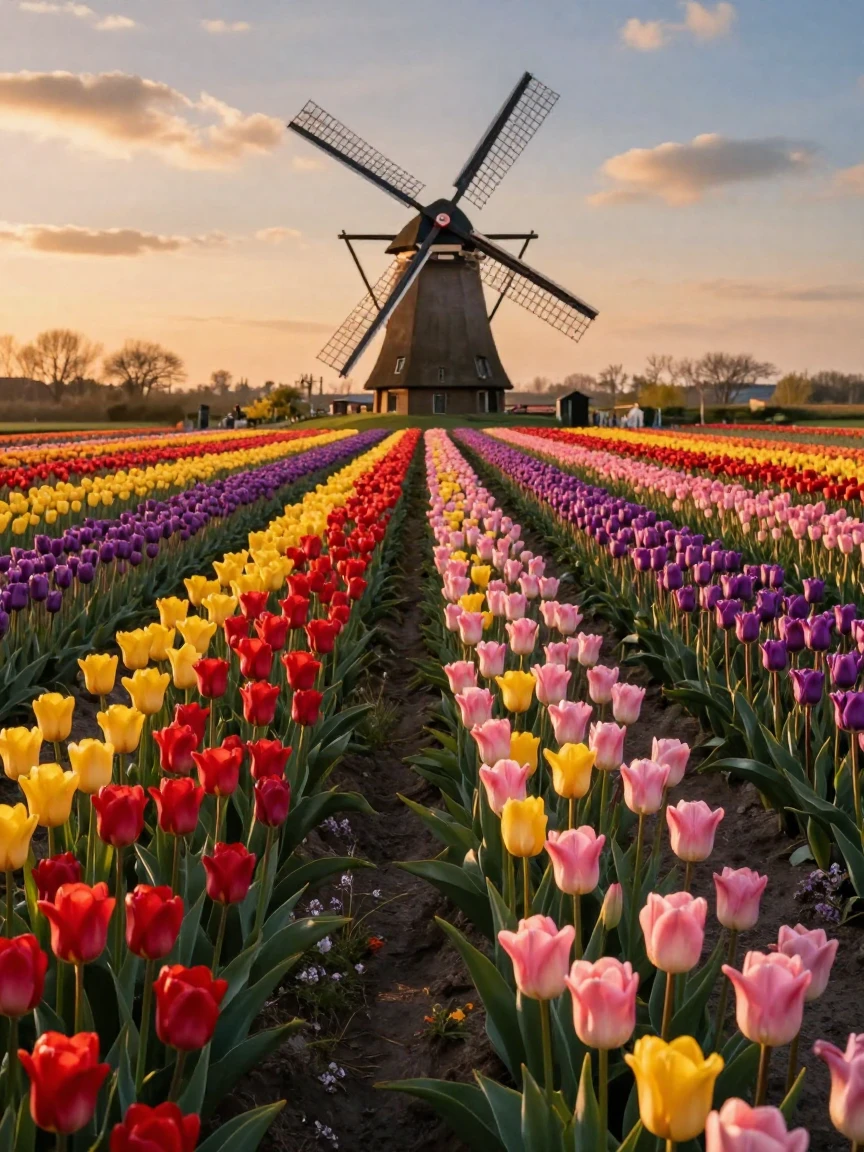 A field of tulips arranged in brilliant stripes of color beneath a windmill