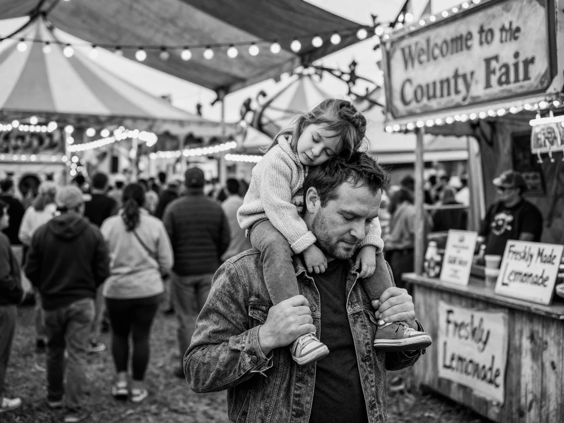 A father carries his sleeping daughter on his shoulders through a crowded fairground.