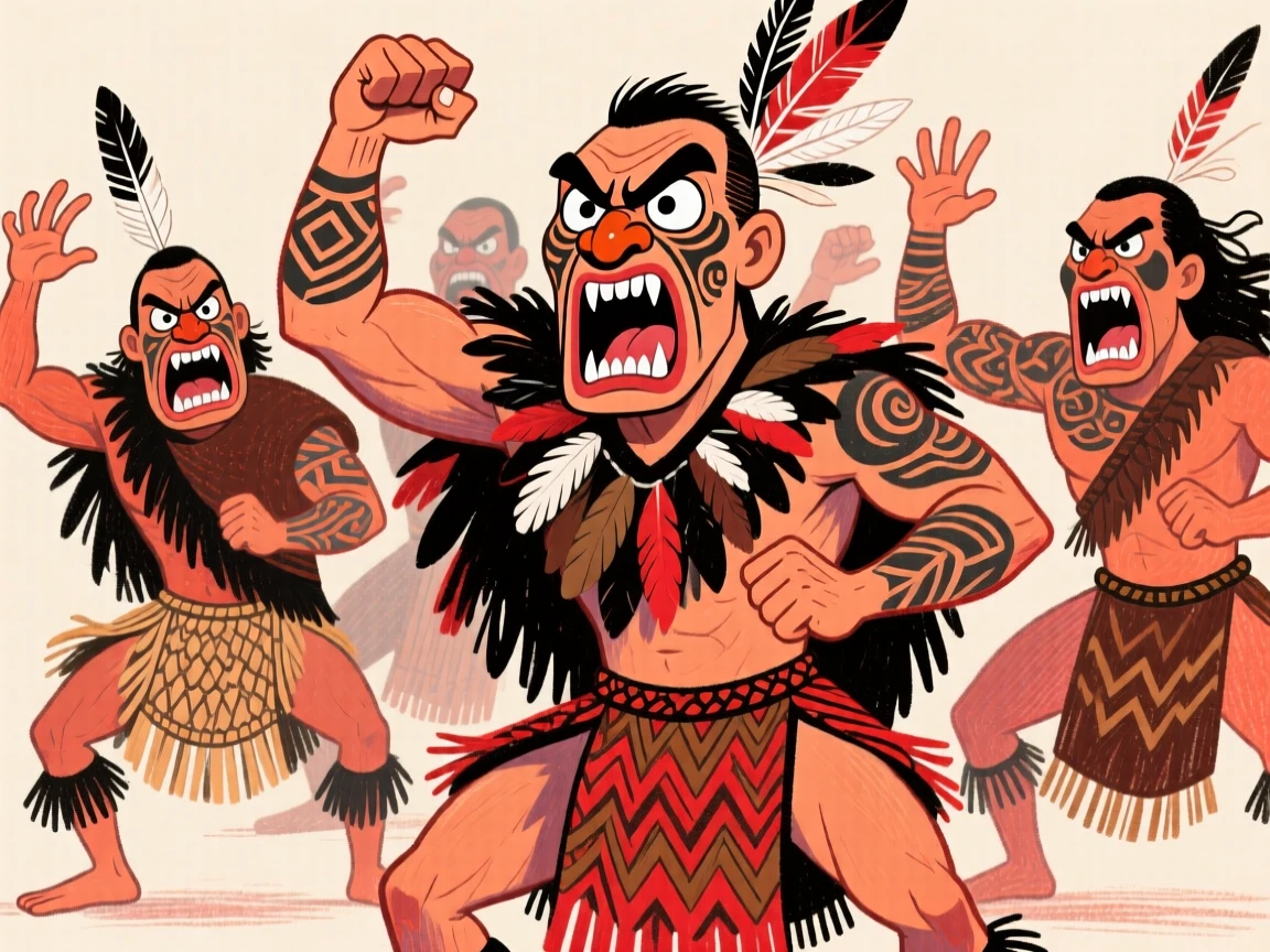 A group of Maori performers doing a powerful haka, faces fierce with tradition.
