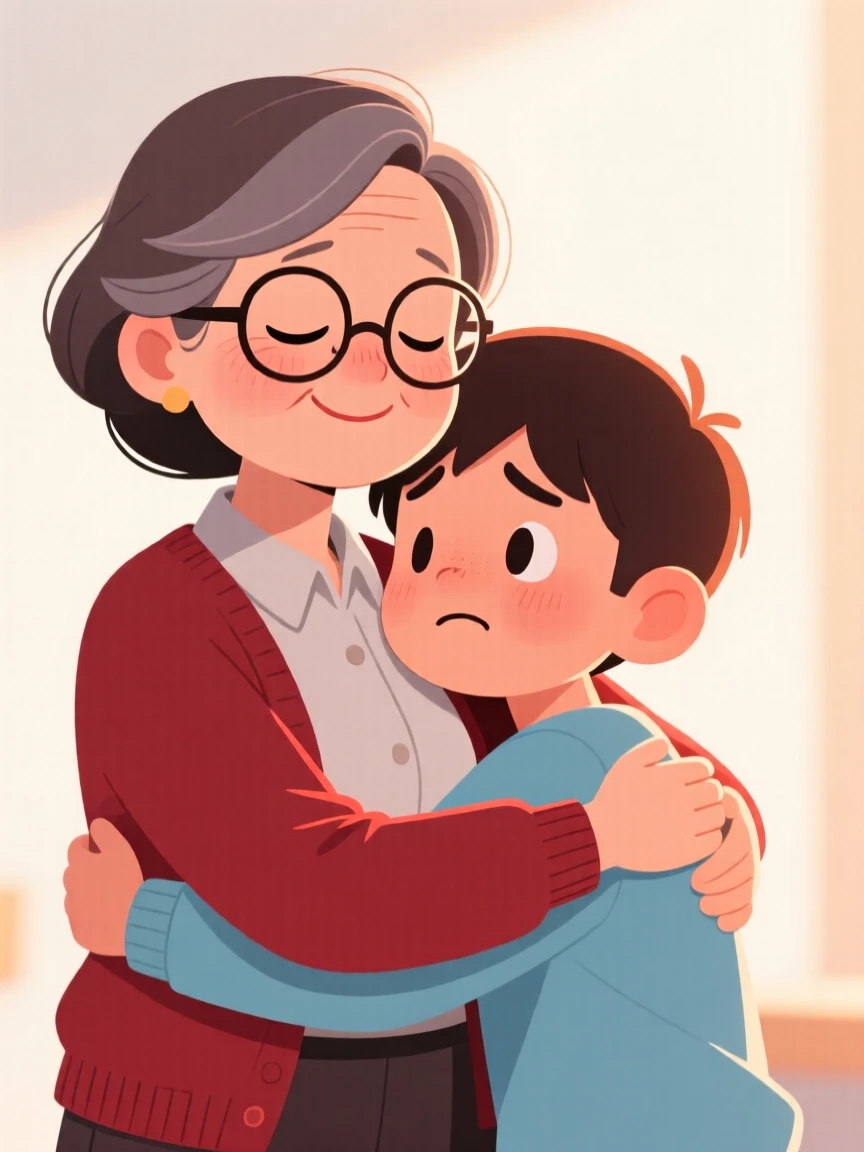A heartwarming moment depicting a devoted teacher comforting a loved one with a warm hug, as warm light glows softly around them.