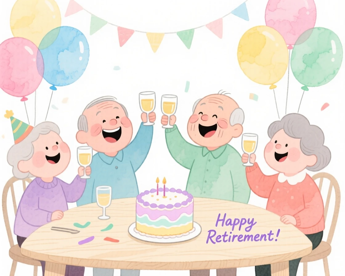 A joyful celebration scene of a retirement party with balloons and a celebratory toast, radiating cozy holiday cheer