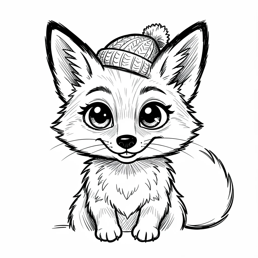 [Cute Animals & Pets] Adorable scene of a fluffy baby fox wearing a tiny knitted hat, bursting with charm and playful energy