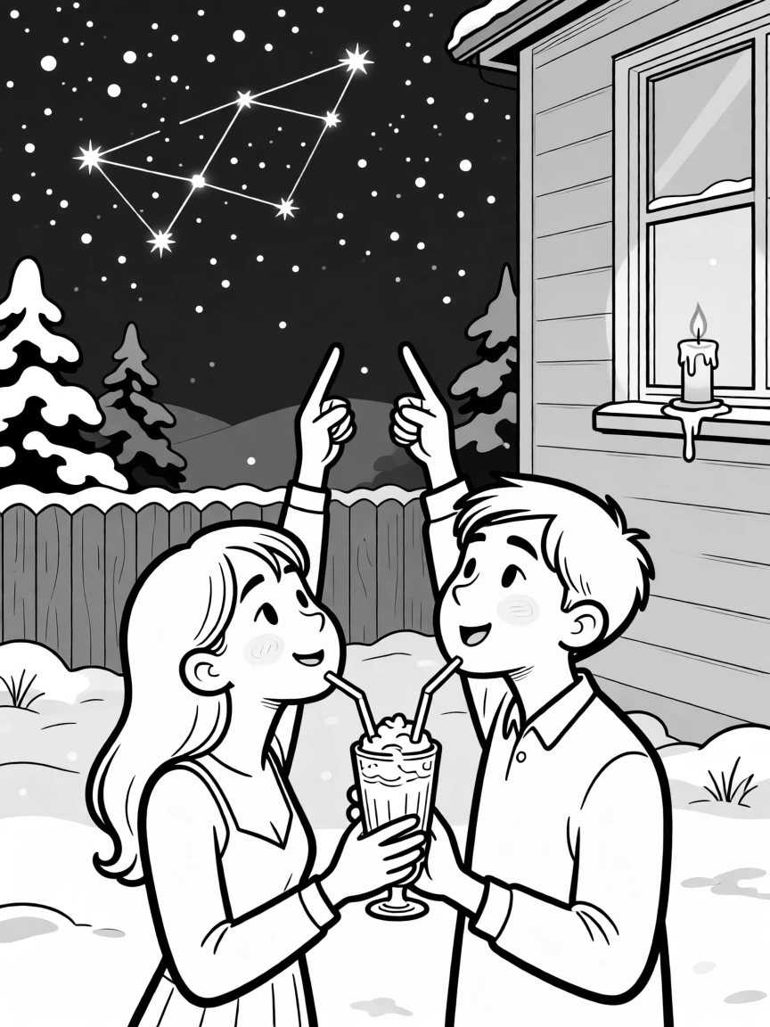 A couple sharing one milkshake with two straws, pointing up at the same constellation at the same time, set in a snow-covered backyard. A half-melted candle flickers on the windowsill. There's a tender sweetness beneath all the silliness.