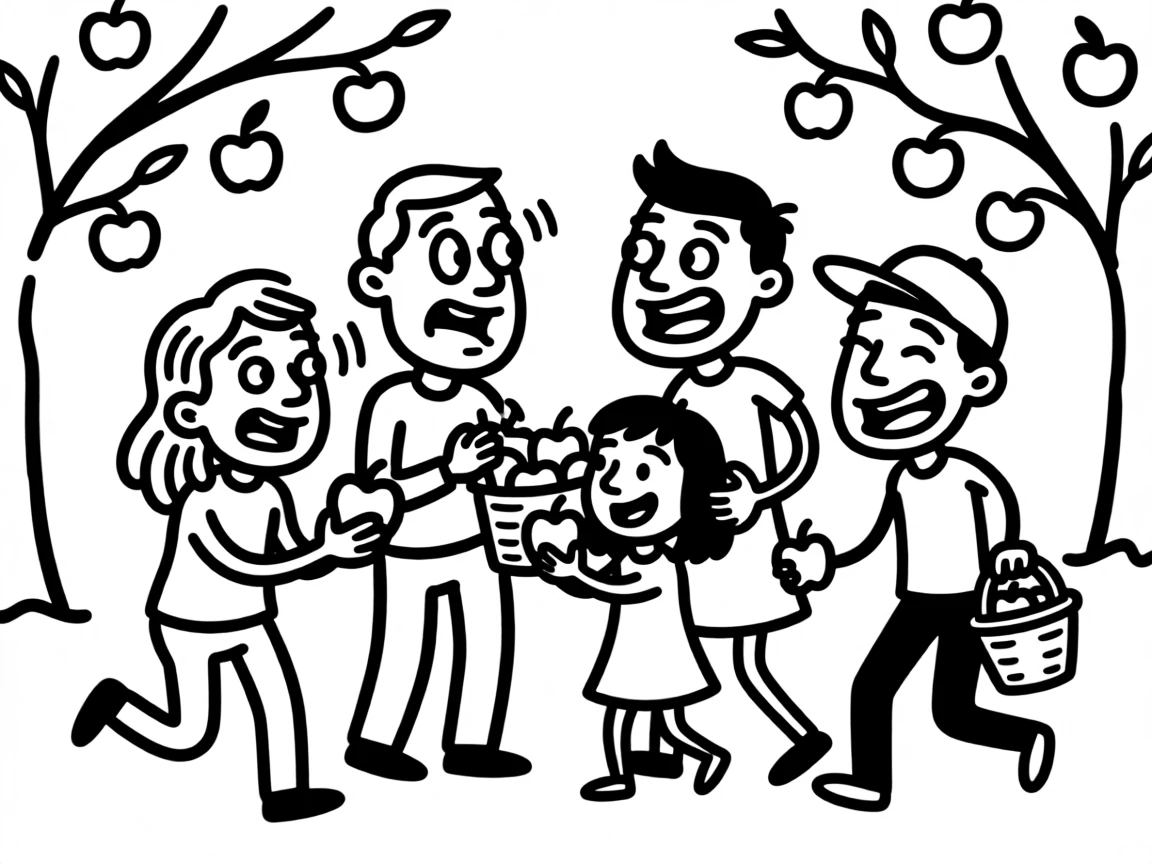 A family picking apples together in a sun-dappled orchard.