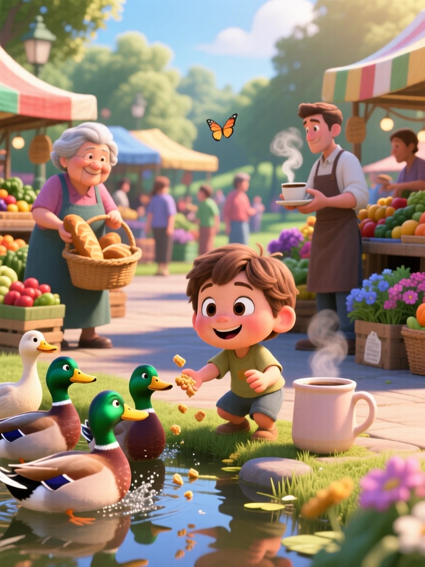 A child feeding ducks at a park pond is captured at a sunny farmers market bustling with vendors, with steam rising gently from a nearby cup. The atmosphere feels cozy, human, and full of small joys.