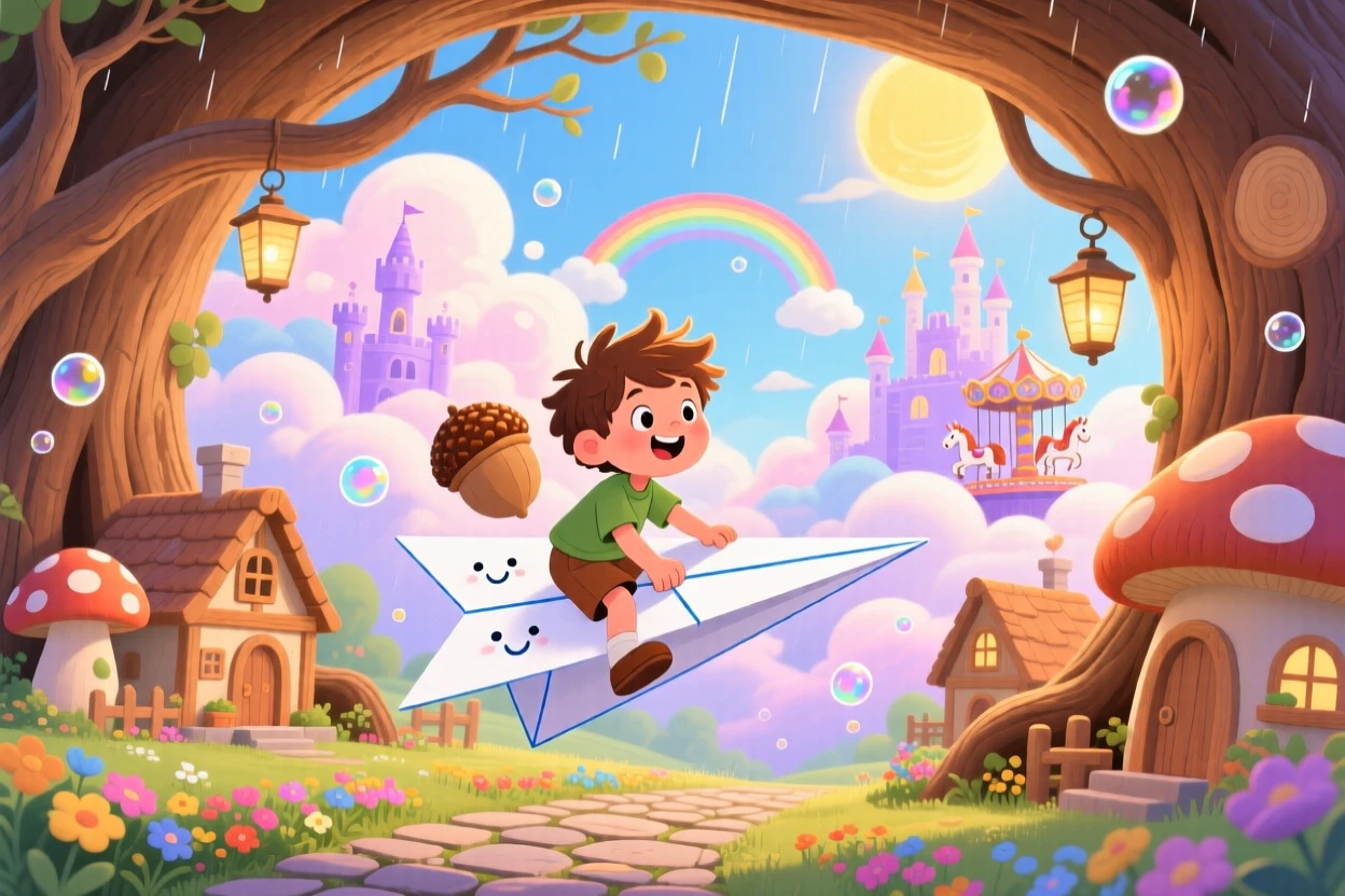 In a village built inside a hollowed-out log, a boy who shrank to the size of an acorn spends the day riding a paper airplane across a cloud kingdom, as tiny bubbles drift lazily by.