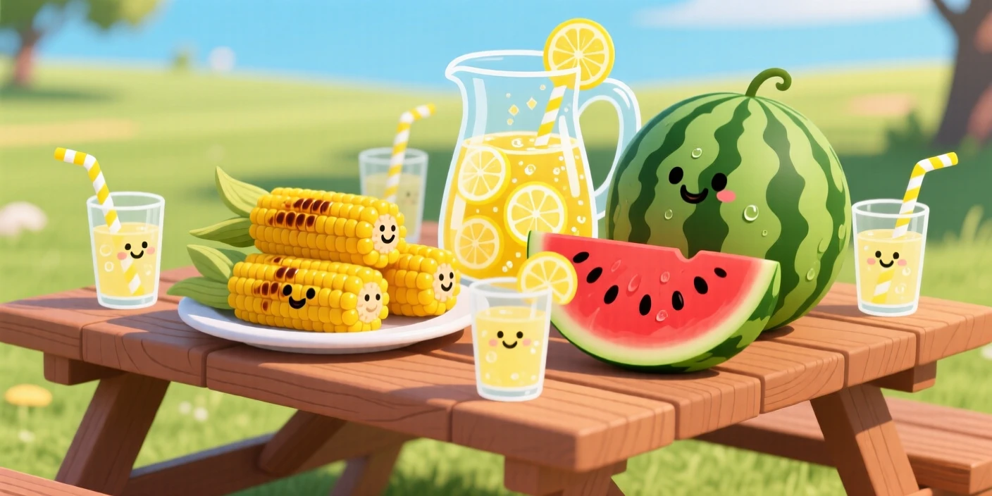 A picnic table spread with grilled corn, watermelon, and lemonade.