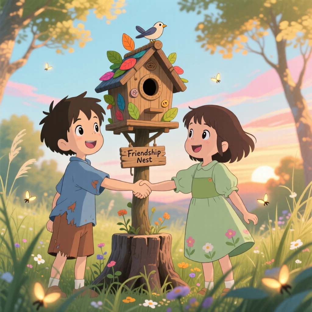 A tender moment of two children shaking hands after building something together, the scene gently triumphant.