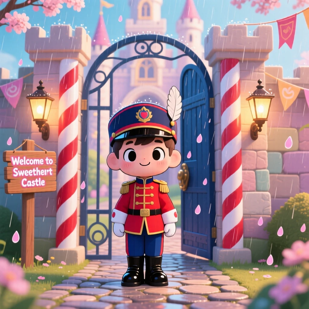 Full-body shot of a young guard, standing proudly at a candy-cane striped gate, in a whimsical castle entrance, during a gentle spring rain shower, illuminated by warm lamplight, radiating quiet contentment.