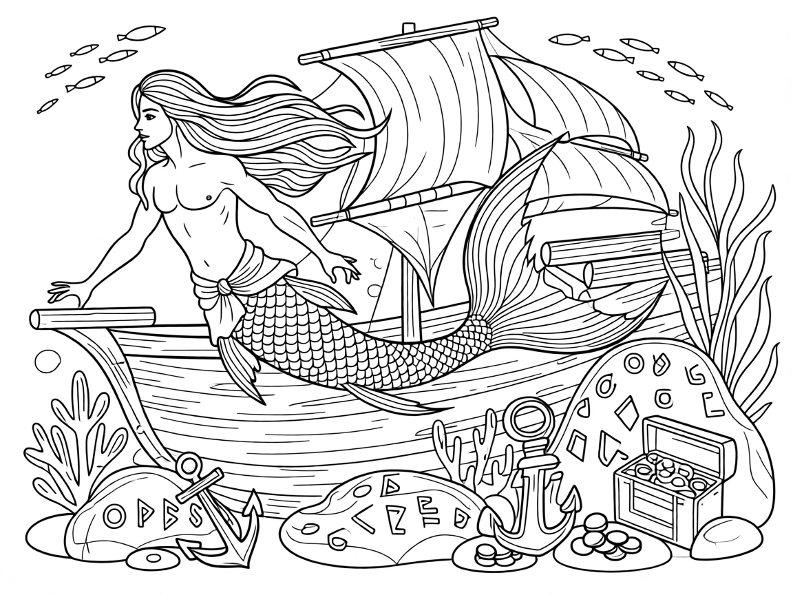 A merman gliding through a sunken shipwreck, with glowing runes etched into the surrounding stones.