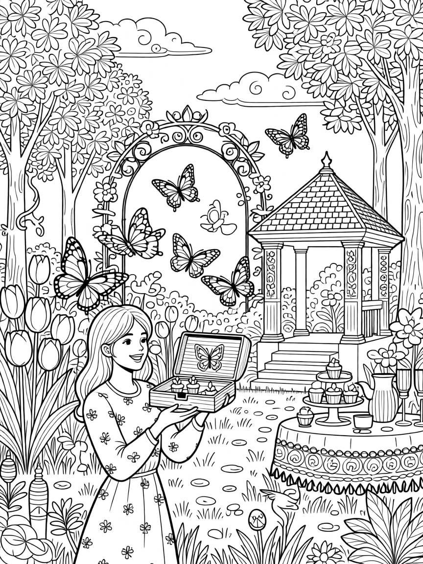 A springtime garden butterfly release scene at an outdoor celebration.