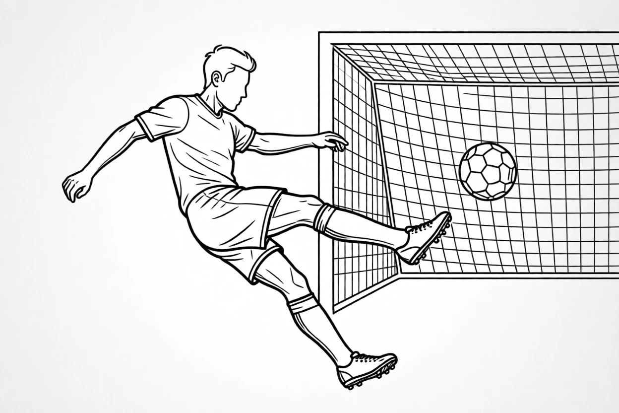 A soccer player kicking a ball toward the goal