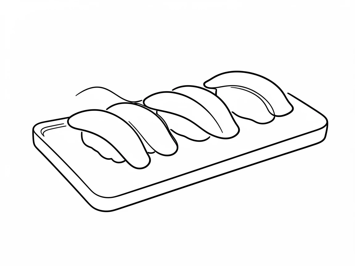 A tray of colorful sushi nigiri arranged in a neat row