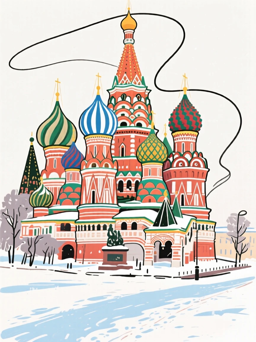 The Kremlin's colorful domes rising above a snowy Moscow square.