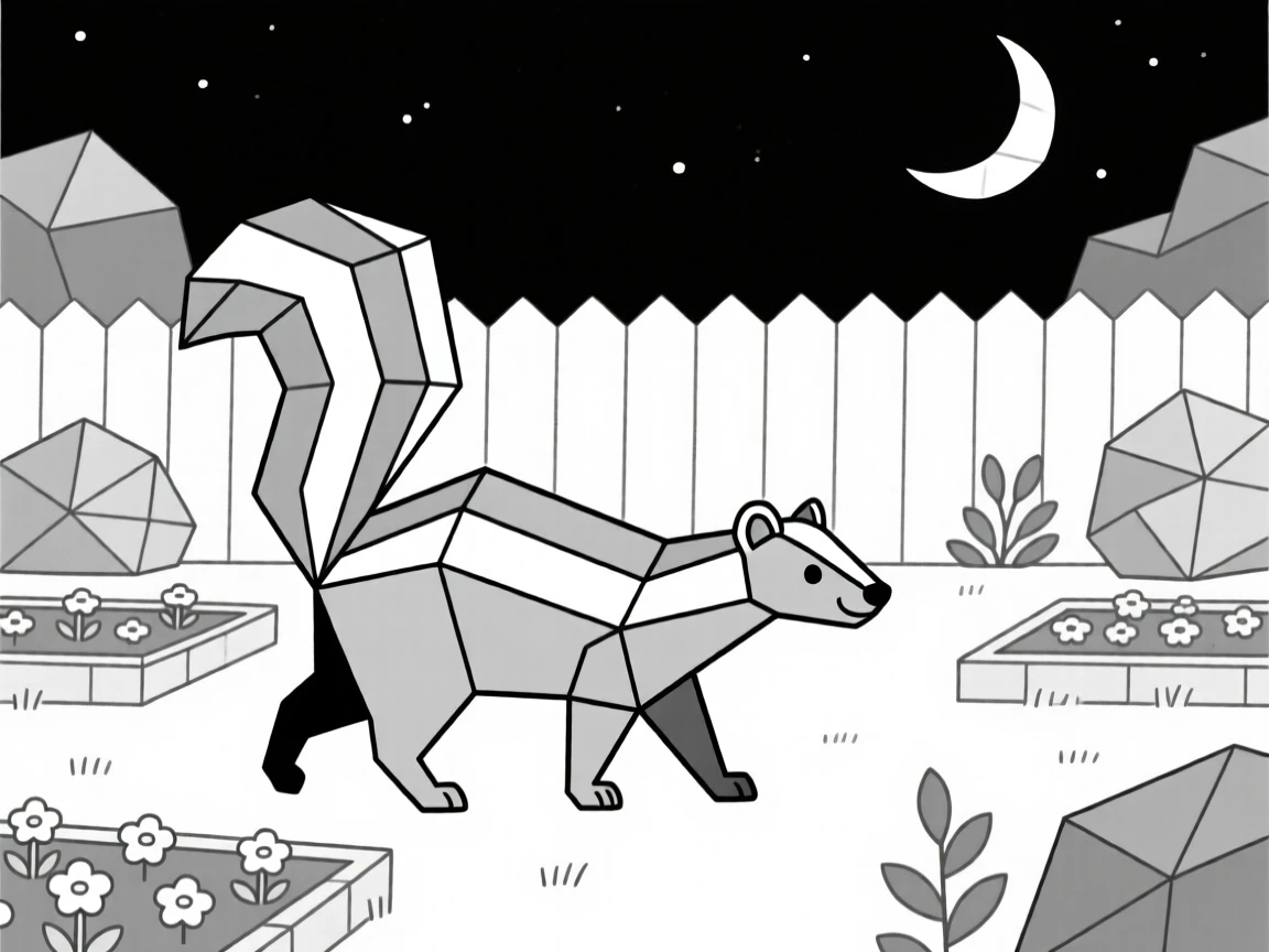 A skunk walking through a backyard garden at night