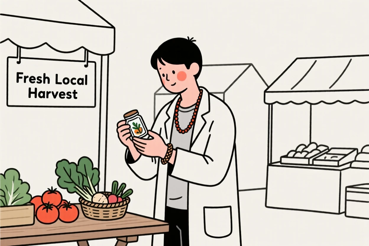 A scientist of filipino heritage examining a specimen, glowing with nostalgia, at a countryside farmers market.
