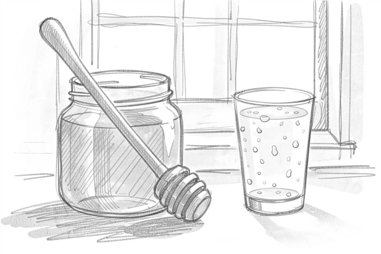 A cozy food scene featuring a jar of honey with a wooden dipper beside a sunlit kitchen window, with condensation glistening on a nearby glass.