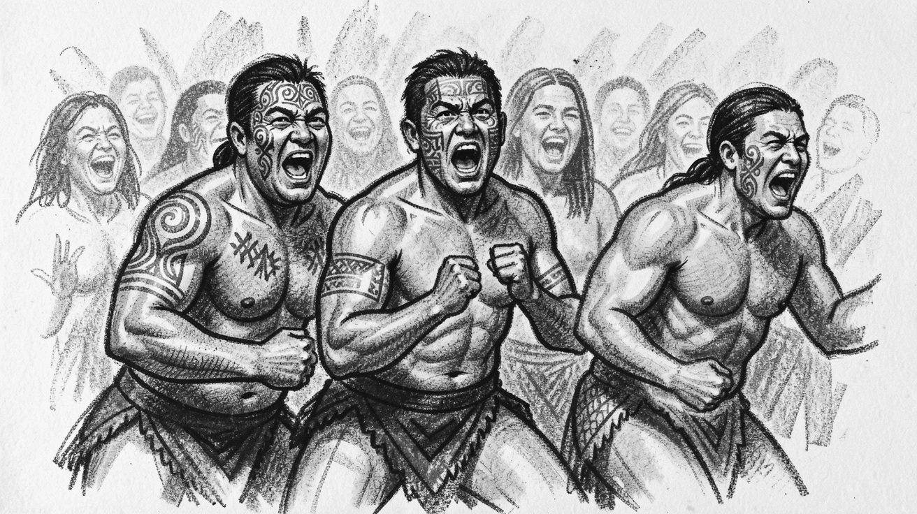 A traditional Maori haka performance, as laughter fills the air around them.