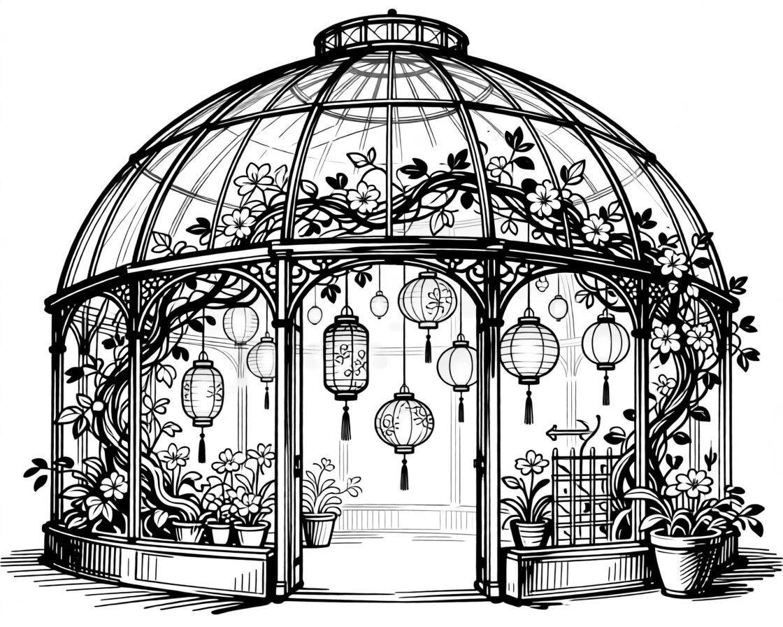 A magical greenhouse dome filled with floating lanterns and blooming vines.