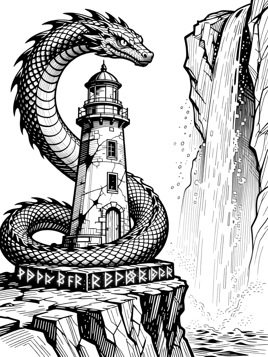 A sea serpent coiling around a lighthouse beside a waterfall that flows upward, with glowing runes etched into ancient stone, forming a mysterious and enchanting fantasy scene.