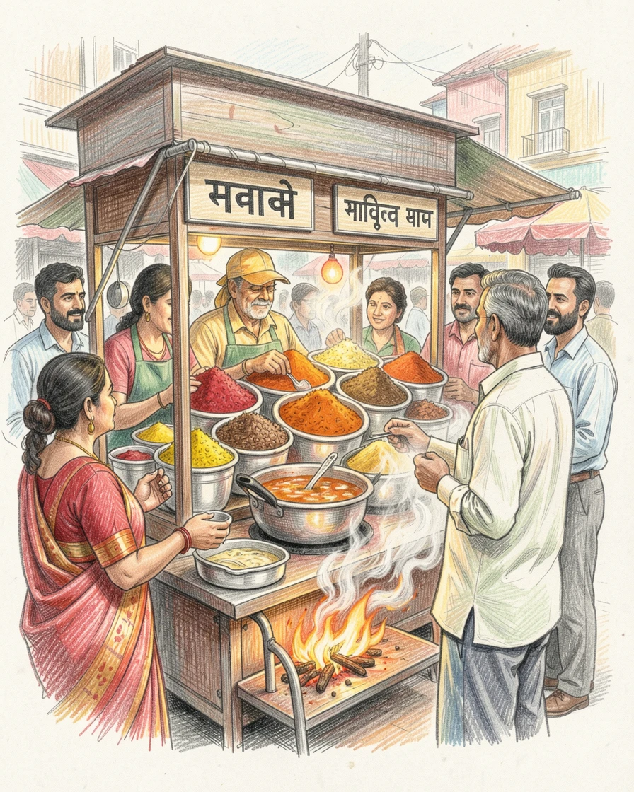 An Indian street food stall sizzling with colorful spices, with delicate details that reward a closer look, celebrating a moment people would love to revisit.