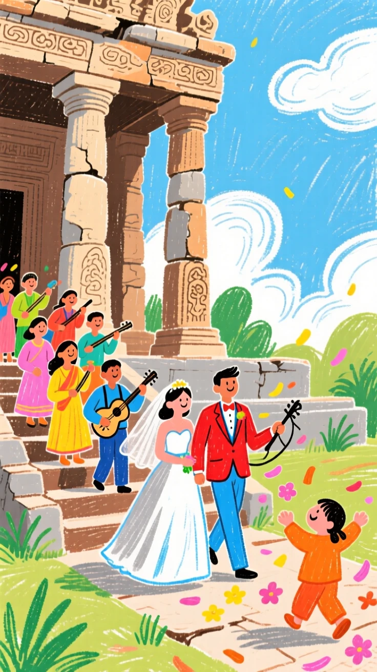 A wedding procession performing beside an ancient temple.
