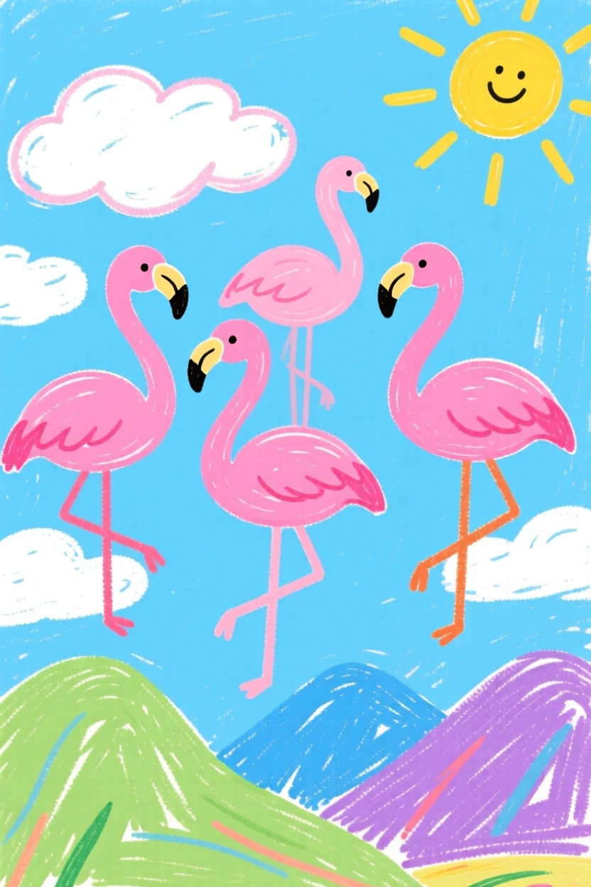 A flamboyance of pink flamingos as clouds drift over distant mountains.