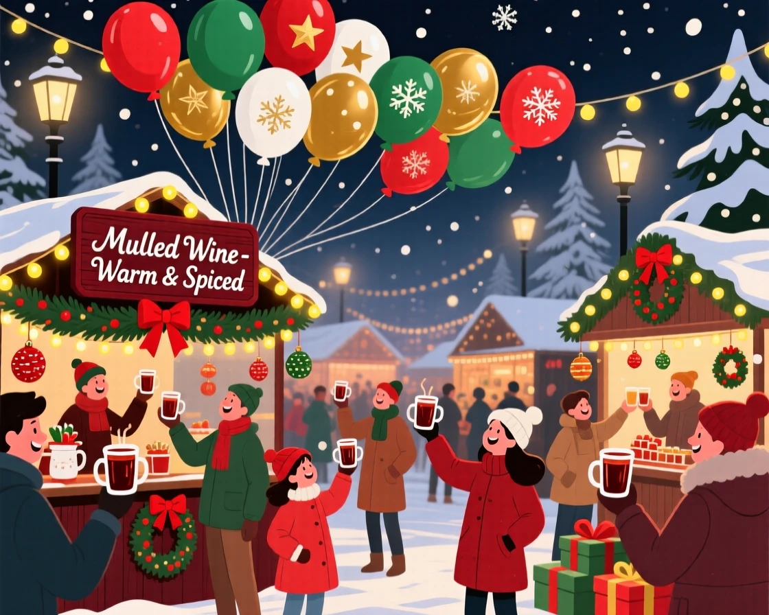 A festive Christmas market with twinkling lights and mulled wine, set beneath a canopy of festive balloons, framed to capture the festive atmosphere in full detail, with a joyful sense of togetherness and celebration.