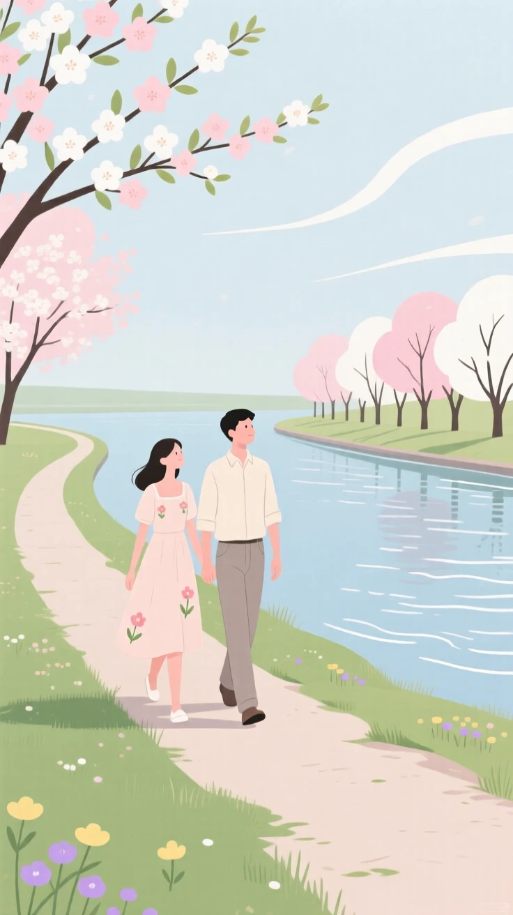 A spring scene of a couple walking in a riverside path.