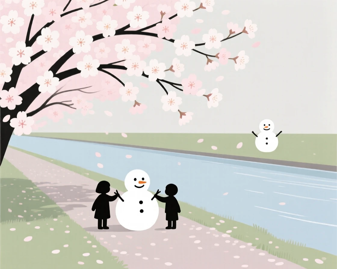 A burst of cherry blossoms covering a riverside path as children building a snowman appears in the distance, full of nostalgic comfort.