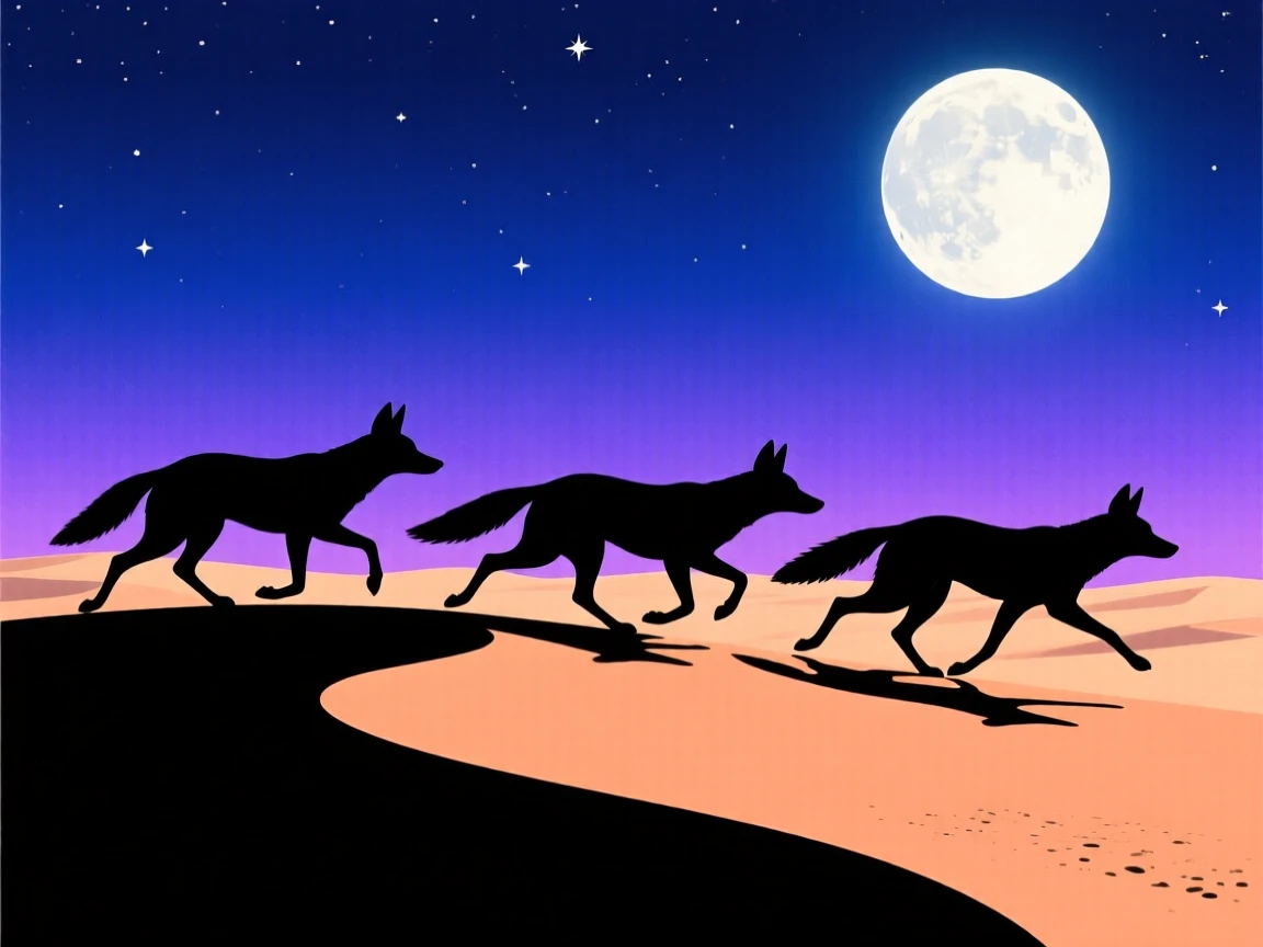 A pack of jackals trotting across moonlit desert sand.