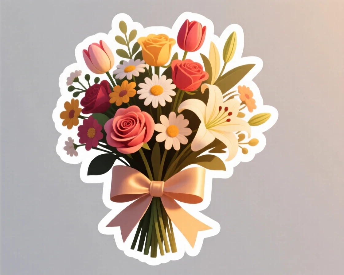 A cheerfully decorated Mother's Day bouquet tied with a ribbon, glowing softly in the evening light, during a beloved yearly tradition.