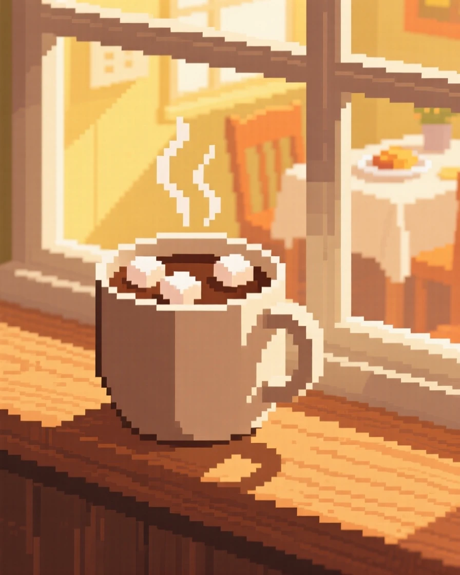 A cup of hot cocoa with marshmallows placed on a windowsill to cool, in a sunlit breakfast nook.