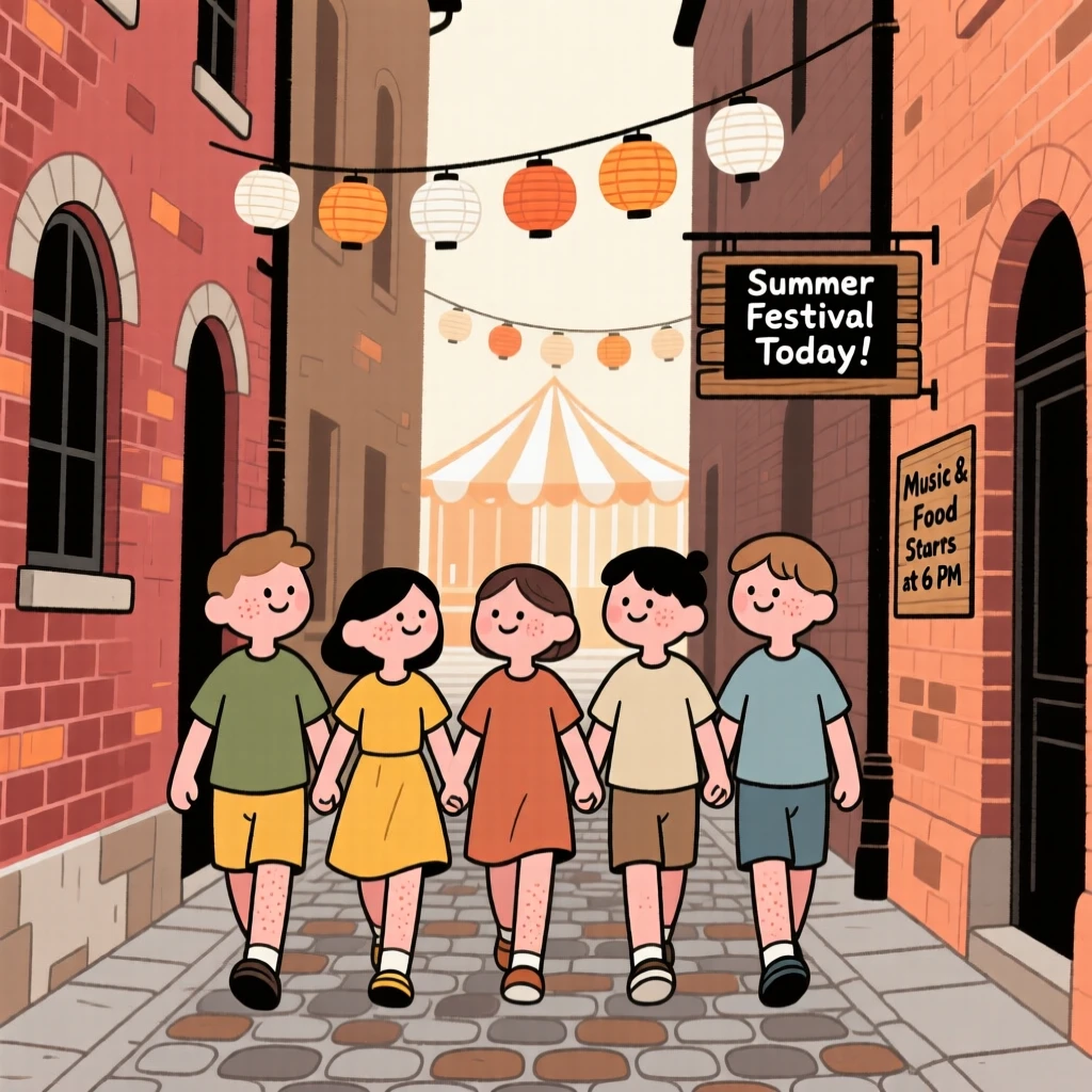 A group of friends link arms and walk down a narrow alley lined with old brick buildings, heading toward a summer festival.