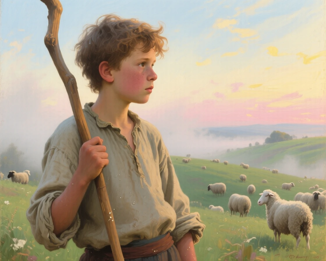 A tightly framed close-up of a shepherd boy leaning on his staff, watching his flock, in early morning light, in a soft summer breeze.