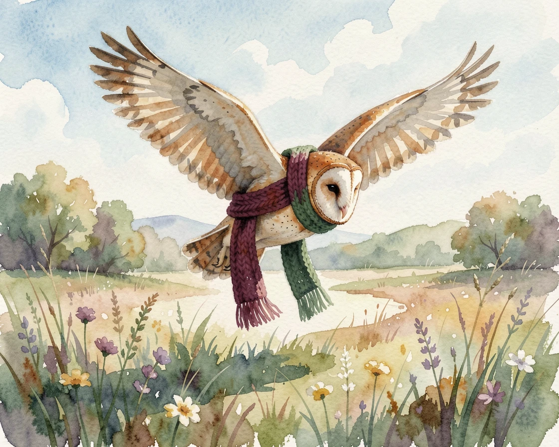 A barn owl in flight in a sunlit meadow wearing a cozy knitted scarf.