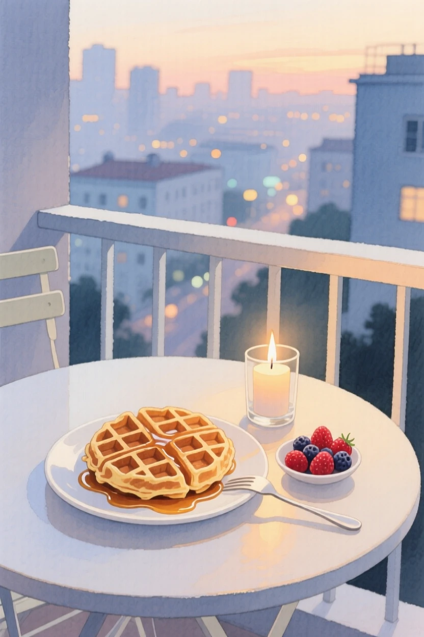 A plate of warm waffles sits with a candle flickering softly nearby on a balcony overlooking the city, arranged beautifully for a delightful meal