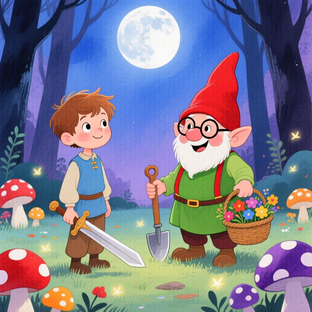 A young boy with a wooden sword meeting a cheerful gnome gardener in a moonlit clearing full of mushrooms.