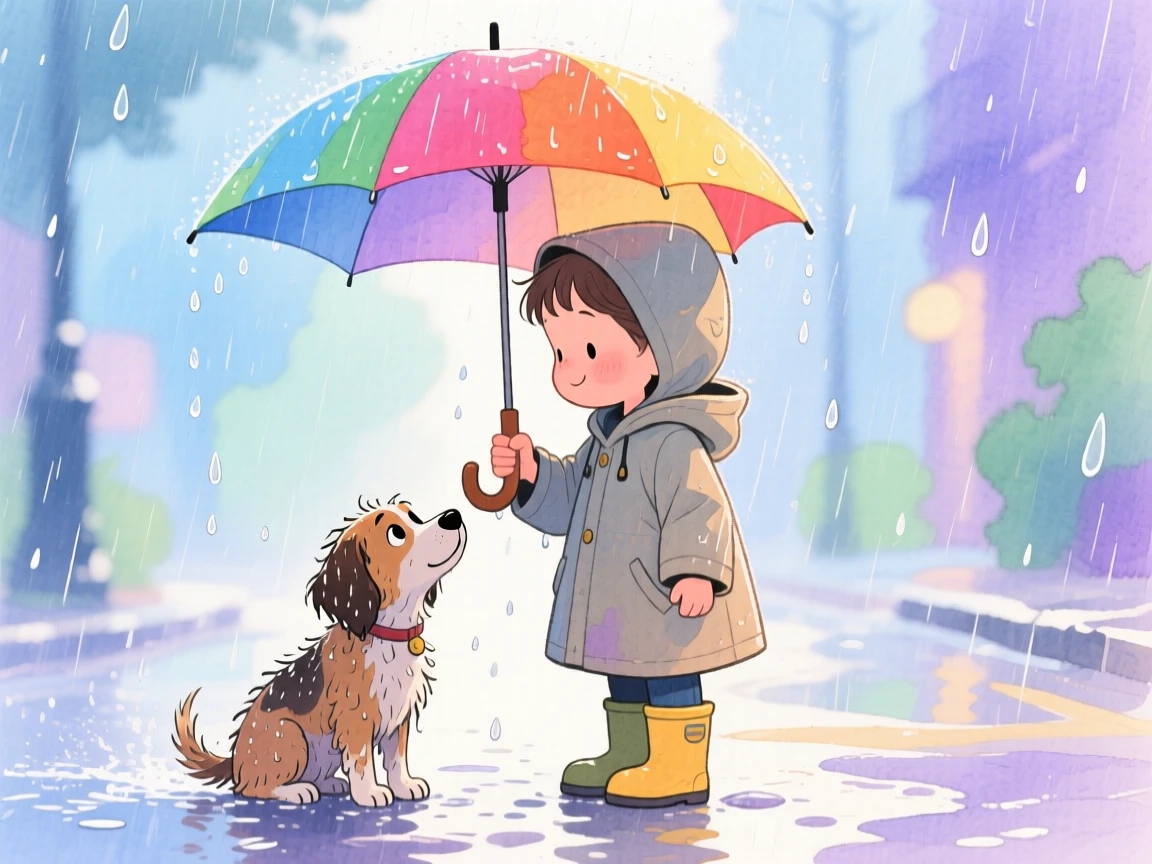 A child sharing their umbrella with a stray dog caught in the rain, set against a softly blurred, dreamy background, radiating kindness, hope, and heartfelt emotion.