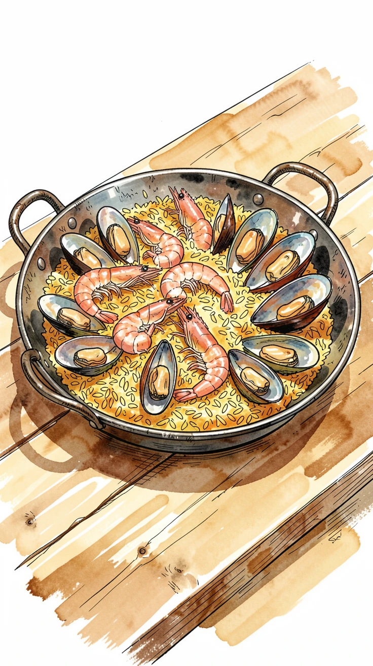 A rustic paella pan sizzling with saffron rice, shrimp, and mussels, sunlight streaming across the table, highlighting every texture.