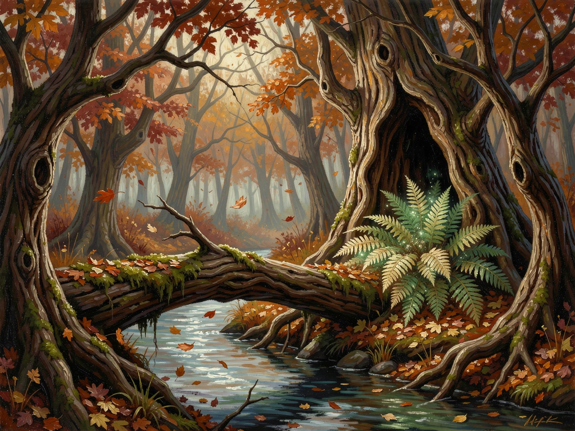A dark, fairy-tale forest with twisted, gnarled trees, a fallen, moss-covered log forming a bridge over the stream, near a hollow tree filled with ferns, in deep autumn, leaves turning shades of amber and crimson.