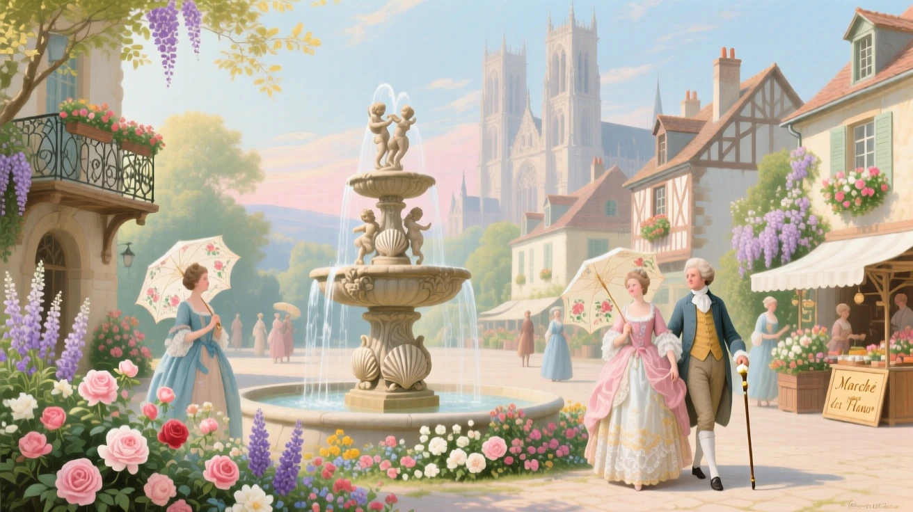 A flower-filled village square with a fountain and distant cathedral towers  