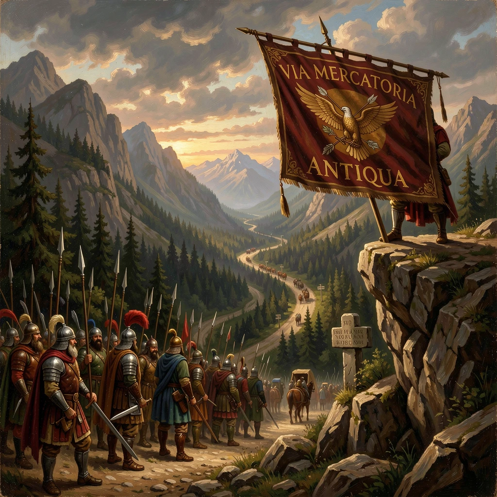 An army gathers before an ancient trading route beneath a banner held high.