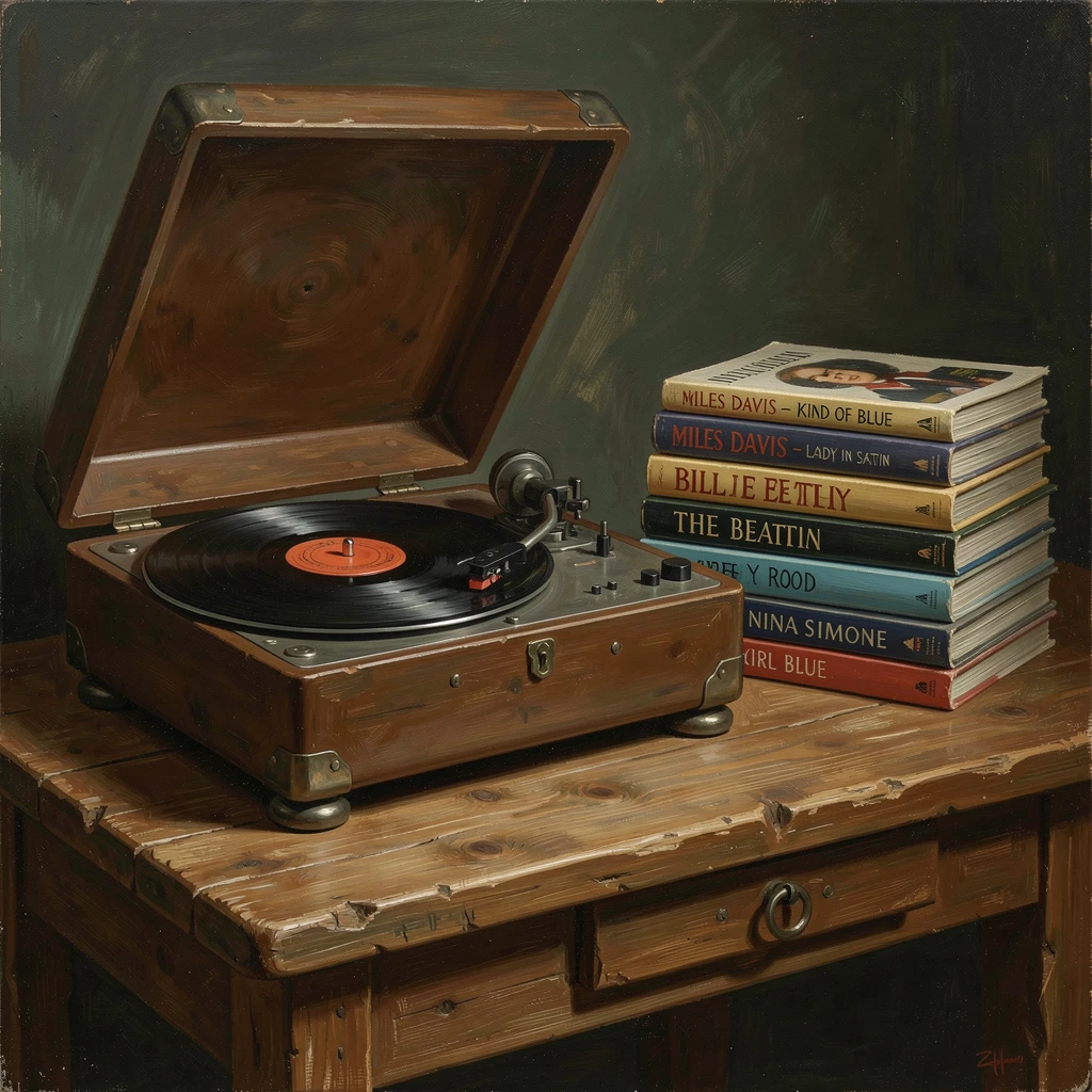 A vintage record player spinning beside a stack of classic vinyl albums, with a timeless, refined composition throughout, radiating warmth, richness, and understated opulence