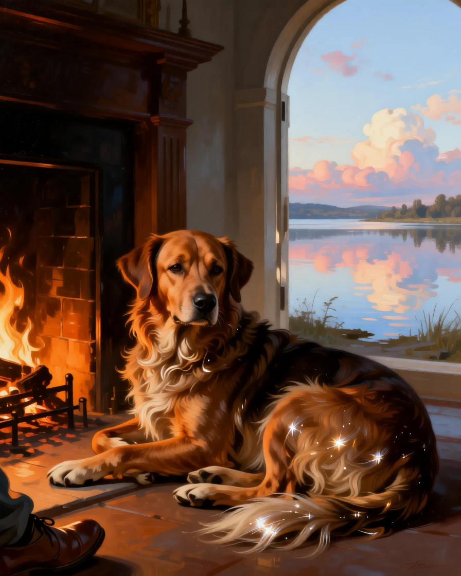 A gentle old dog resting faithfully at its owner's feet by the fire as instinct and elegance move in perfect harmony, set beside a still lake reflecting a painterly sky, with feathers, fur, or manes catching the light in fine, luminous detail; the composition balances raw power with graceful, natural stillness, capturing a quiet, breathtaking moment of wild grace.