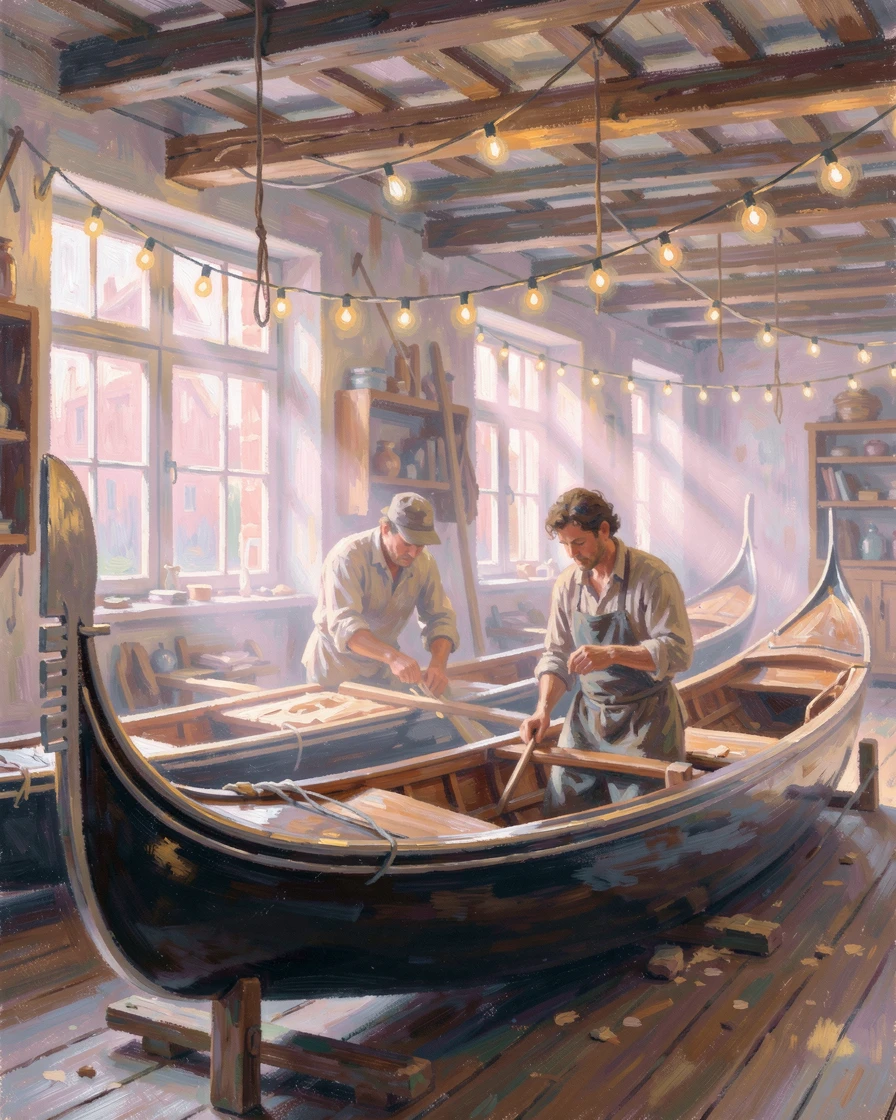 A traditional gondola workshop in Venice, craftsmen shaping wood beneath strings of golden light, as the first light of dawn breaks, capturing a moment of quiet intimacy.