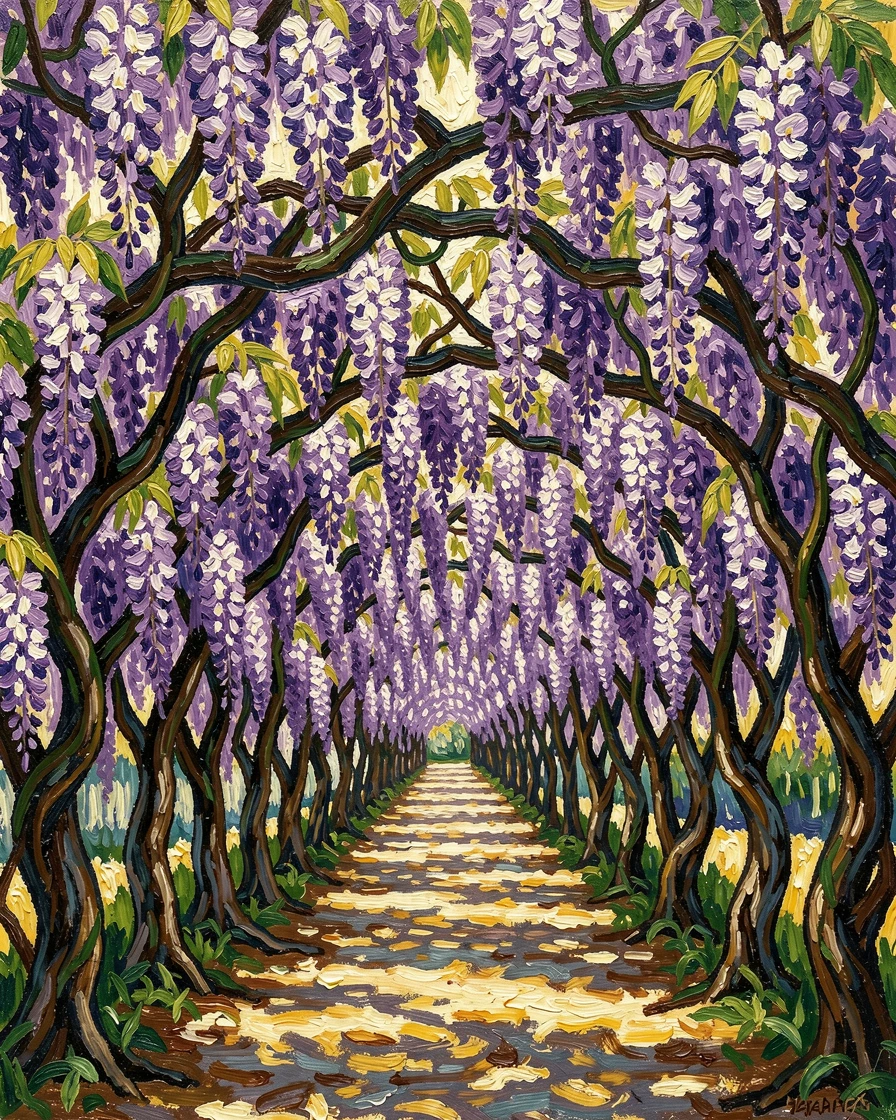 A wisteria tunnel in full bloom, purple blossoms cascading overhead.