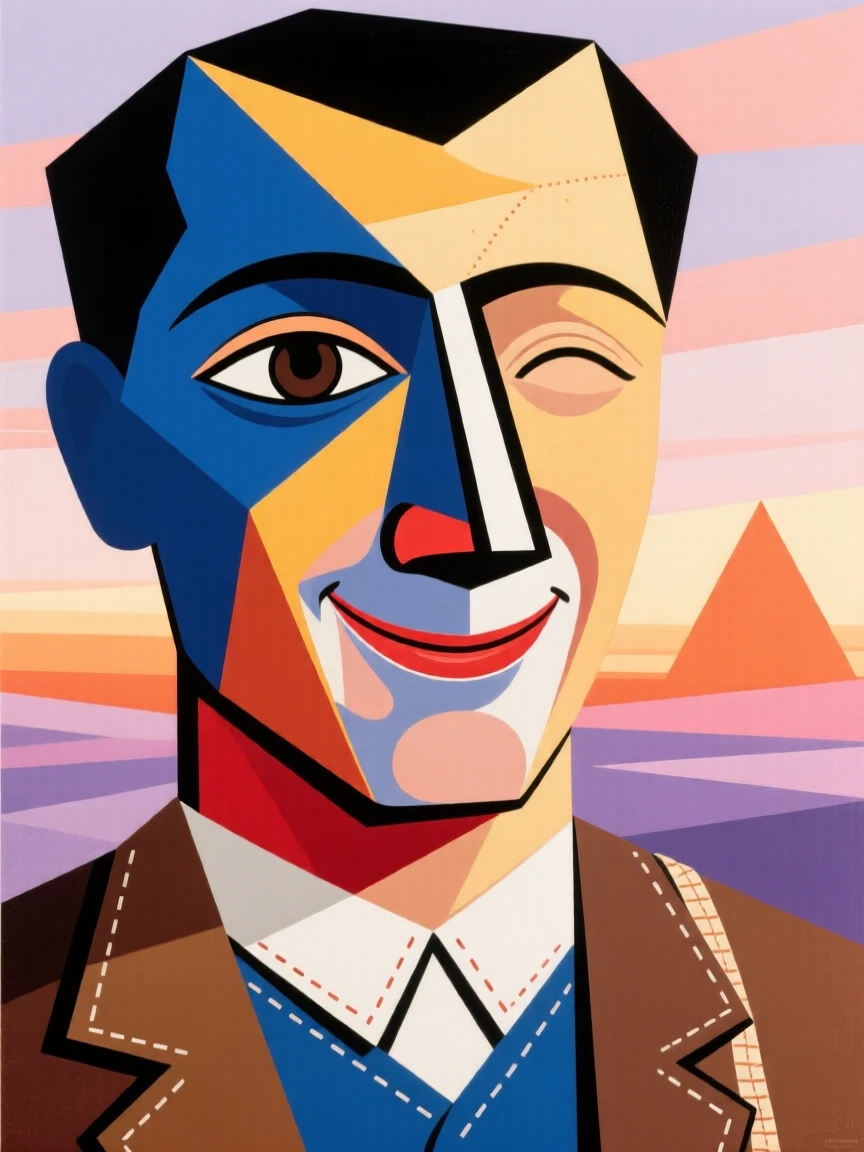 A close-up portrait of a tailor smiling gently as the first light of dawn touches the horizon.