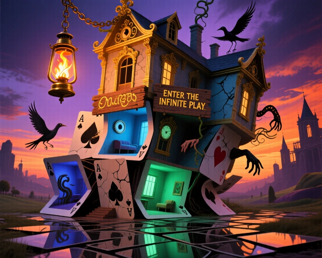 A mansion whose rooms are stacked like playing cards glows faintly from within as evening falls, and a single lantern burns at its highest point.