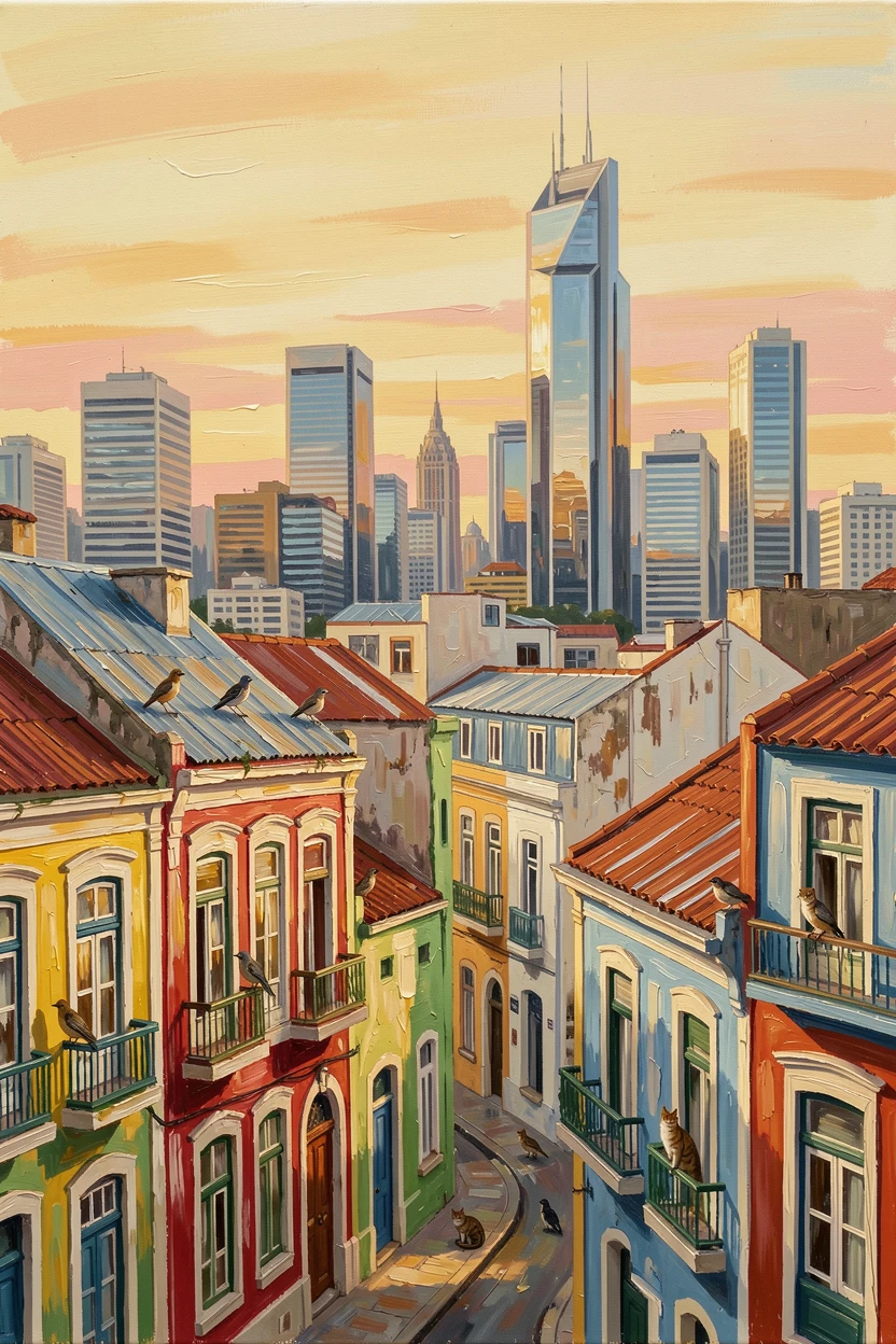 The Buenos Aires skyline shows colorful La Boca buildings in the foreground with modern towers rising in the distance under a warm afternoon sky, with scattered wildlife visible moving quietly through the middle distance of the composition.
